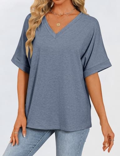Womens Oversized T Shirts V Neck Loose Fit Shirts Short Sleeve Summer Casual Tops 2025 Trendy Blouses Y2K Plain Tees Grey-Blue M - Thumbnail 2