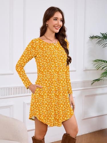 DEARCASE Women's Long Sleeve T Shirt Dress Floral Yellow Crush Flower Medium Crewneck Knee Length Loose Casual Flowy Swing Tunic Dresses with Pockets - Thumbnail 2