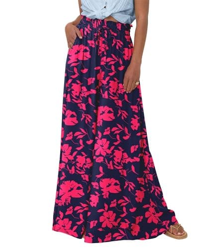 BTFBM Women Casual High Waist Wide Leg Pants 2026 Spring Summer Long Palazzo Pants Pocket Lounge Beach Vacation Clothes(Print Navy Rose Red, Large) - Image 1