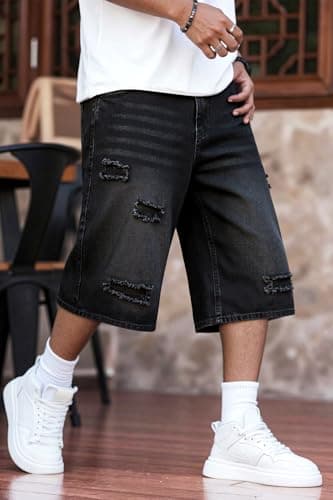 Heyfanee Mens Baggy Jorts Ripped Y2k Jean Shorts for Men Big and Tall Loose Fit Denim Shorts Men Streetwear Black 38 - Thumbnail 2