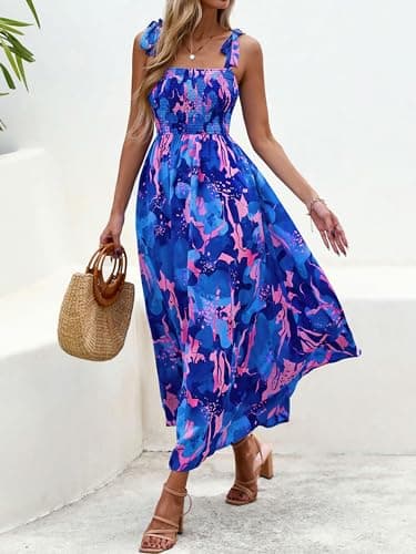 PRETTYGARDEN Womens Summer Dresses Floral Sleeveless Smocked Maxi Dress Boho Spaghetti Strap A Line Flowy Beach Long Sundress(Royal Blue,XX-Large) - Thumbnail 5