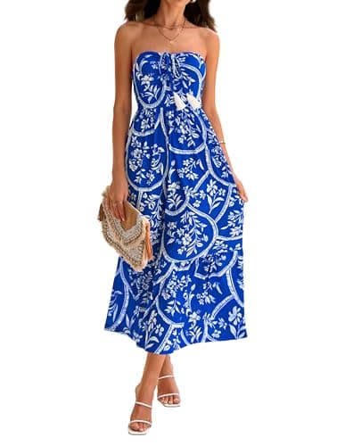 GRACE KARIN Strapless Floral Maxi Dress,Summer Casual Tube Top Boho Dresses,Beach Smocked Flowy Dress with Pockets Blue 2XL - Image 1