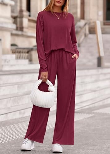 KIRUNDO Spring 2 Piece Lounge Sets for Women Long Sleeve Ribbed Knit Tops Wide Leg Pants Matching Travel Outfits Postpartum(Wine Red, Large) - Thumbnail 3