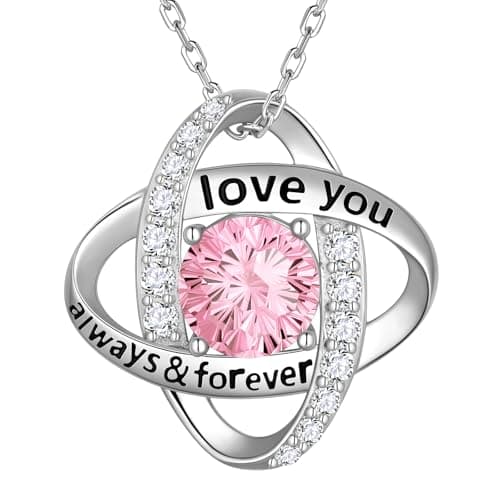 Birthstone Love Knot Pendant Necklace - 925 Sterling Silver Firework-Cut Cubic Zirconia Love You Forever Necklace Anniversary Birthday Jewelry Gift for Women Wife Mom Daughter (J.October) - Image 1