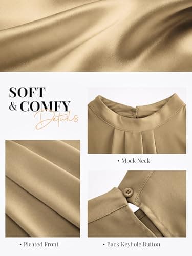 Funlingo Womens Dressy Tank Tops Sleeveless Satin Silk Camisole Blouse Business Casual Outfits Summer Pleated Work Shirt Fashion Khaki XL - Thumbnail 5