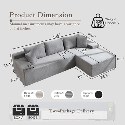 105’’ L-Shape Modular Sectional Sofa with Chaise, Convertible Cloud Couch, Corduroy Fabric & High-Density Memory Foam, No Assembly Required for Living Room (Grey, Right Facing Chaise) - Thumbnail 2