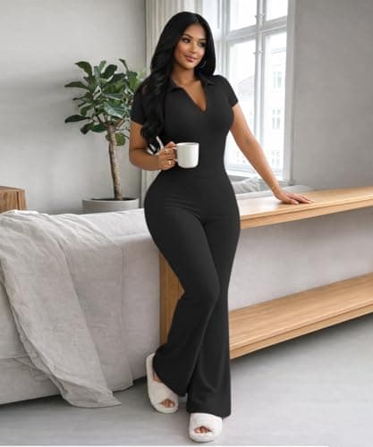 ABKY Two Piece Sets For Women Summer Ribbed Short Sleeve V Neck Polo Top Wide Leg Pants Set Casual Tracksuit Brunch Outfits Black S - Thumbnail 2