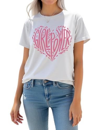 AiMgFUN Women's 2025 Summer Graphic T Shirts,Stylish Short Sleeve Tee, Printed Casual Top,Crew Neck Pink Heart White-XL - Image 1