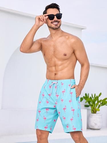 SILKWORLD Mens Swimming Trunks with Compression Liner 2 in 1 Quick-Dry 9" Swim Shorts with Zipper Pockets, Blue Pink Flamingo, XX-Large - Thumbnail 2
