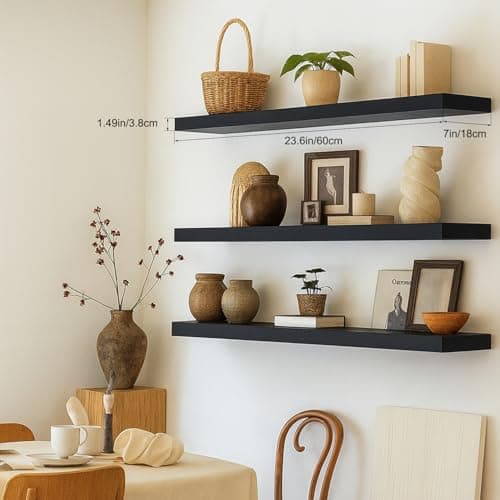 Mifurn Floating Shelves for Wall, Bathroom Shelves Over Toilet, Wall Shelves & Book Shelf for Room, Hanging Shelf, Modern Wooden Mounted Floating Shelves, 24x7x1.5 in (Black, Set of 3) - Thumbnail 2