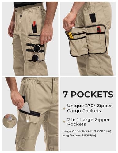 MOURCE Tactical Pants for Men with 7 Large Pockets Water Resistant Quick Dry BDU Cargo Pants Breathable Ripstop Khaki L 30" - Thumbnail 4
