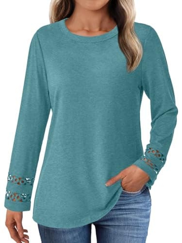 GKBK Womens Long Sleeve Tops Business Dressy Casual Blouses Crewneck Loose Fit Lightweight T Shirts Cute Work Tee Ladies Tunic 2025 Fall Winter Fashion Clothes Trendy Outfits Cyan S - Image 1