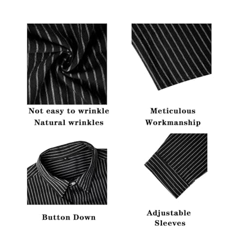 BAYAMO Men's Button-Down Striped Shirts Casual Long Sleeve Cotton Linen Collared Shirts Fashion Business Dress Shirt Black M - Thumbnail 6