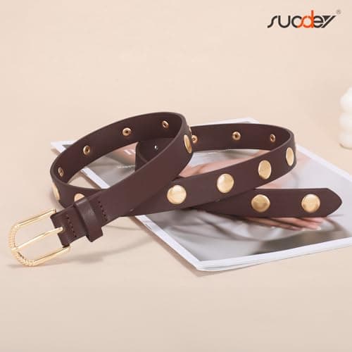 SUOSDEY Women Studded Belt Fashion Leather Belt Ladies Waist Belt Silver Gold Buckle Belt for Jeans Pants Dresses - Thumbnail 5