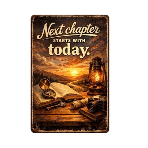Vintage Tin Sign - Next Chapter Starts with Today – Inspirational Metal Art Poster for Home, Office, Gym, Workshop – Motivational Quote for New Beginnings & Personal Growth – 8x12 Inch - Image 1