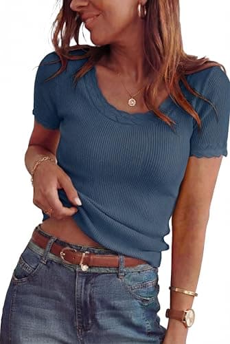 Arach&Cloz Women's 2026 100% Cotton Spring Summer Tops Scoop Neck Short Sleeve Sweater Shirts Pullover Lightweight Soft Cozy Slim Fit Stretchy Business Casual Outfits Work Clothes Trendy Navy XXL - Image 1