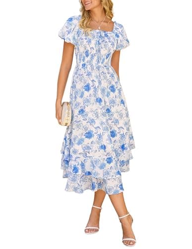 GRACE KARIN Womens Summer Dresses 2026 Puff Short Sleeve Floral Wedding Guest Dress Smocked Tiered Maxi Dress with Pockets White Blue Floral XL - Image 1