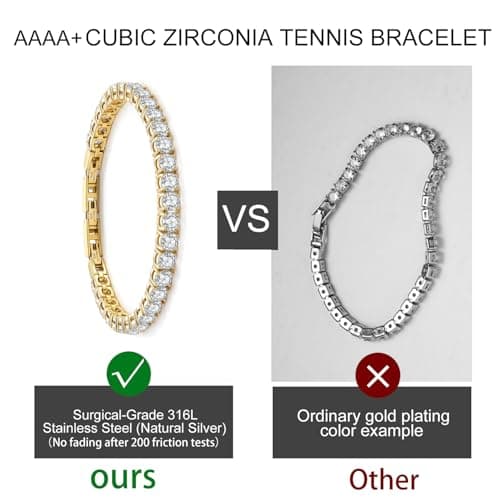 Tennis Bracelet for Women Men, 14K Gold Plated Round 5mm AAAA+ Cubic Zirconia CZ Dainty Classic Adjustable Stainless Steel Bracelets Festival Wedding Jewelry Gift (Gold, CZ 5mm) - Thumbnail 6