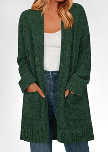 KIRUNDO Cardigan Sweaters for Women 2026 Fall Chunky Fuzzy Knit Open Front Loose Long Sleeve Sweater Coats Winter Clothing(Dark Green, Medium) - Thumbnail 4