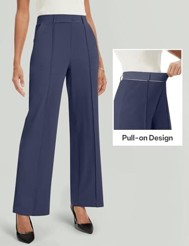 AVAMO Wide Leg Dress Pants for Women Pull On Stretchy Work Pants with Pockets High Elastic Waist Office Business Navy Blue - Thumbnail 4