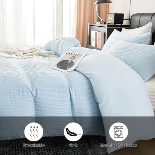 DCSKY Light Blue Duvet Cover Queen Size, 3pcs Washed Microfiber Bedding Set, Soft Breathable Rippled Duvet Cover Set with Zipper Closure for All Seasons - Thumbnail 3