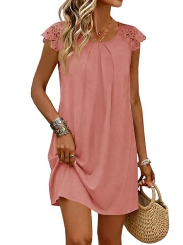 Wenrine Womens Summer T Shirt Dresses Casual Beach Vacation Short Sleeve Lace Pleated Mini Dress Pink-Orange - Image 1