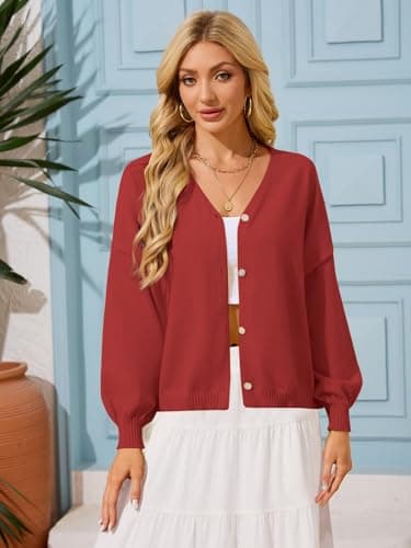 FireSwan Cardigan Sweater for Women Long Lantern Sleeve Oversized Knit Outfits Lightweight Trendy Spring Tops 2026 Red XL - Thumbnail 2