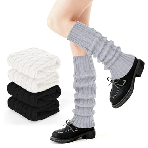 DODOKIE 3 Pairs Leg Warmers for Women Winter Fleece Lined, Thick Cable Knit Boots Socks Pack for Skating Daily Wear, Christmas Gifts for Her Mom Wife Girl friend Stocking Stuffers (White Black Grey) - Image 1