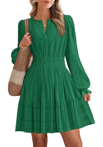 BTFBM Mini Dresses for Women 2026 Casual Lightweight Long Sleeve V Neck A Line Elastic Waist Party Holiday Dress(Dark Green, Small) - Image 1