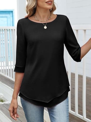 ANRABESS Womens 3/4 Sleeve Blouses Dressy Casual Double Layers Shirts Flowy Tunic Top 2026 Spring Beach Vacation Clothes Black Large - Thumbnail 3