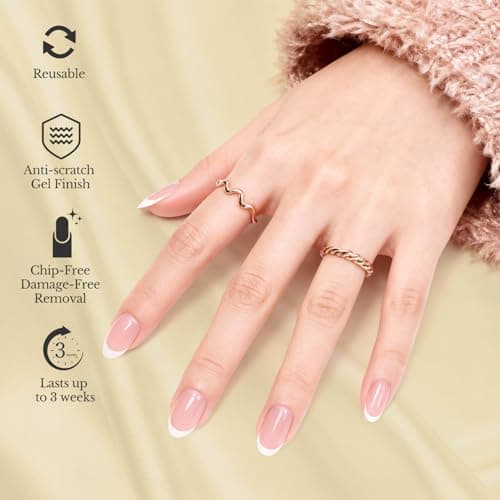 French Tip Press On Nails Acrylic - Short Almond Fake Nails Press ons, Reusable Glossy 30 Nail Kit with Glue, Adhesive Tabs, File, Manicure Stick, Prep Pad for Salon Quality or Fall Style - Thumbnail 3