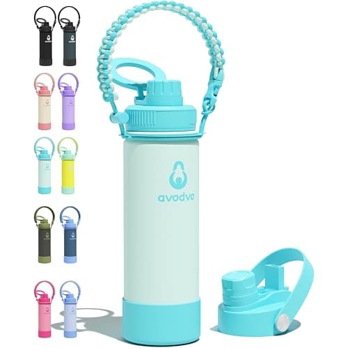 avodvo 18 oz Insulated Water Bottle with 2 Lids (2-in-1 Straw & Spout Lid, Magnetic Lid), Slim Water Bottle with Strap, Stainless Steel Water Bottle for School, PA-Free, Green - Image 1