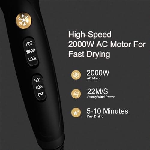 JINRI Hair Dryer - 2000W High-Speed AC Negative Ionic Blow Dryer for Salon & Personal Use – Powerful, with Diffuser & Nozzle for Women & Men, Black Gold - Thumbnail 6