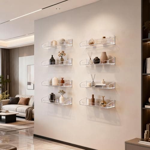 2 Packs Clear Floating Display Shelves for Wall, Clear Acrylic Card Display Shelf Room Decor for Doll Figurine/Book/Photo/Makeup in Living Room, Bedroom, Kitchen Storage and Bathroom Wall Organizer - Thumbnail 5