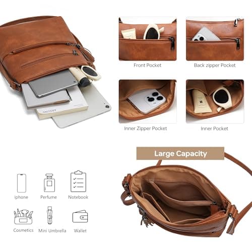 Kiss Sea Womens Crossbody Purse, Multi Pocket Casual Crossbody Bag with Tassel for Travel - Brown - Thumbnail 3