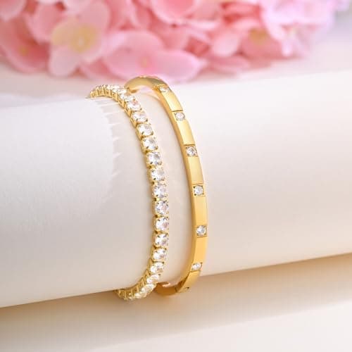 Stackable Gold Bracelets for Women - 2Pcs 18K Gold Plated Cubic Zirconia Bangle Bracelet Crystal Friendship Tennis Bracelet Stack Jewelry,Party Christmas Birthday Gifts for Her Girlfriend Sister Wife - Thumbnail 4