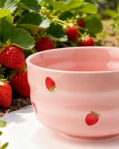 Joiish Strawberry Matcha Whisk Set, Cute Strawberry Pattern Matcha Kit, 5-PC Complete Ceremony Tea Set Gift for Women | Ceramic Bowl with Spout, Bamboo Whisk, Holder, Sifter, Scoop | Pink - Thumbnail 2