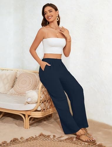 FireSwan Linen Pants Women Wide Leg Palazzo Pants Flowy Elastic Waist Summer Beach Casual Trousers with Pockets(Navy M) - Thumbnail 6