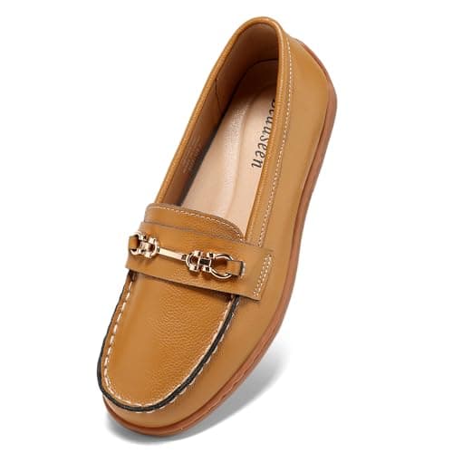 BEAUSEEN Women's Metal Chain Penny Loafer with Classic Lightweight Flat Shoes for Working and Driving Brown,10 US - Image 1