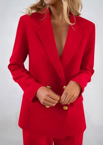 KIRUNDO Blazers for Women Business Casual 2025 Fall Long Sleeve Double Breasted Open Front Work Suit Jackets with Pockets(Red, Medium) - Thumbnail 4