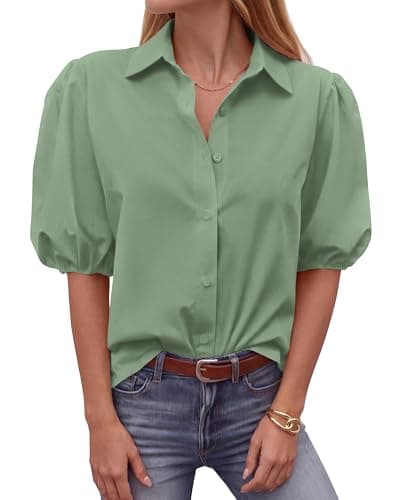 BTFBM Women's Button Down Shirts Short Puff Sleeve Collared V Neck 2026 Summer Tops Dressy Casual Work Business Blouses(Sage Green, Small) - Image 1
