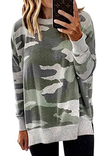 ECOWISH Women Side Split Sweatshirt: Fall Crewneck Long Sleeve Oversized Camo Shirts Casual Camouflage Print Pullover Tops 017 Gray Green 2XL - Image 1