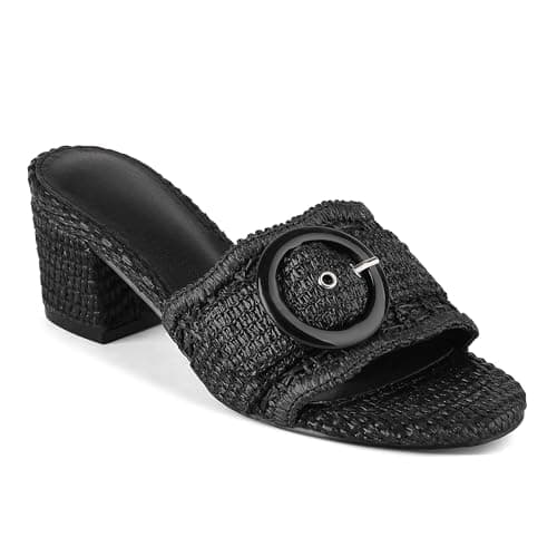 Grakihily Womens Raffia Mule Slides Sandals Open Toe Backless Buckle Heeled Sandals Chunky Block Heel Bohemia Beach Dressy Slip on Summer Shoes,Black Size 8 - Image 1