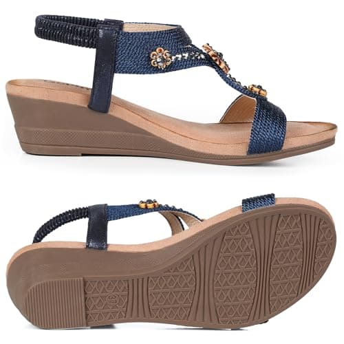 Goldnut Navy Blue Wedge Sandals for Women Dressy, Woman's Sandal Comfortable Navy Blue Low Wedges Heels Ankle Elastic Strap Sandles with Flower Rhinestones Size 9 - Thumbnail 5