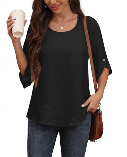 Askyes Womens Chiffon Blouses Summer Spring Casual Crew Neck Cute Tunic Tops for Leggings Chiffon Blouses for Women,Black,M - Thumbnail 4