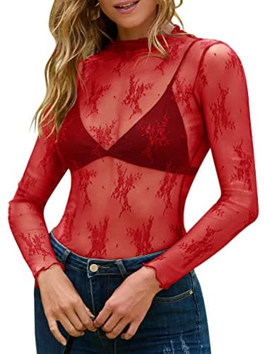 MEROKEETY Womens 2025 Lace Mesh Sheer Long Sleeve Top Sexy Y2k Mock Neck See Through Shirt Blouses, Red, Medium - Image 1