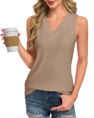 GAYHAY Womens Khaki Tank Tops Loose Fit Sleeveless Summer Shirts V Neck Flowy Blouses Casual Beach Vacation Clothes Fashion 2026 - Image 1