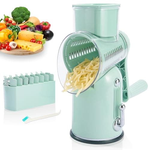 ENERGEVITY Manual Rotary Cheese Grater with Handle, 5 in 1 Replaceable Stainless Blades Cheese Shredder,Strong Suction Base Vegetable Slicer with Cleaning Brush & Bonus Storage Box for Blades (green) - Image 1