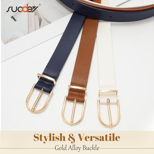 SUOSDEY 3 Pack Womens Fashion Leather Belts for Jeans Dresses Pants Black Brown Beige Ladies Belts with Gold Buckle - Thumbnail 5