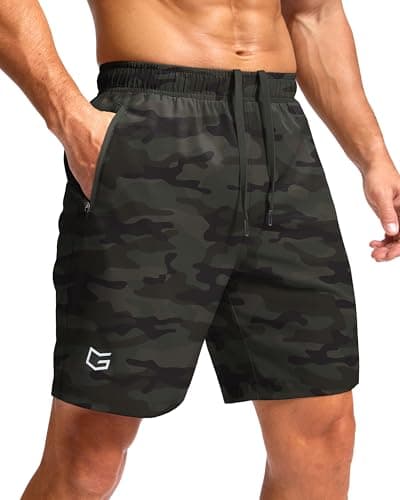 G Gradual Men's Athletic Running Shorts with Zipper Pockets Quick Dry 7"/ 5"/ 9" Workout Gym Shorts for Basketball Hiking(Green Camo,7L) - Image 1